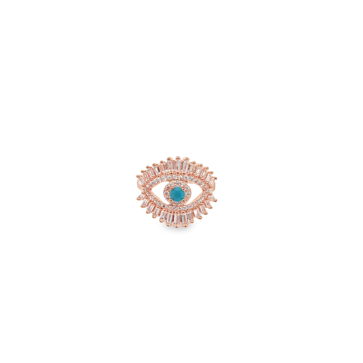 A rose gold evil eye ring sparkles against a white background, featuring a vibrant turquoise center stone surrounded by shimmering pave diamonds.