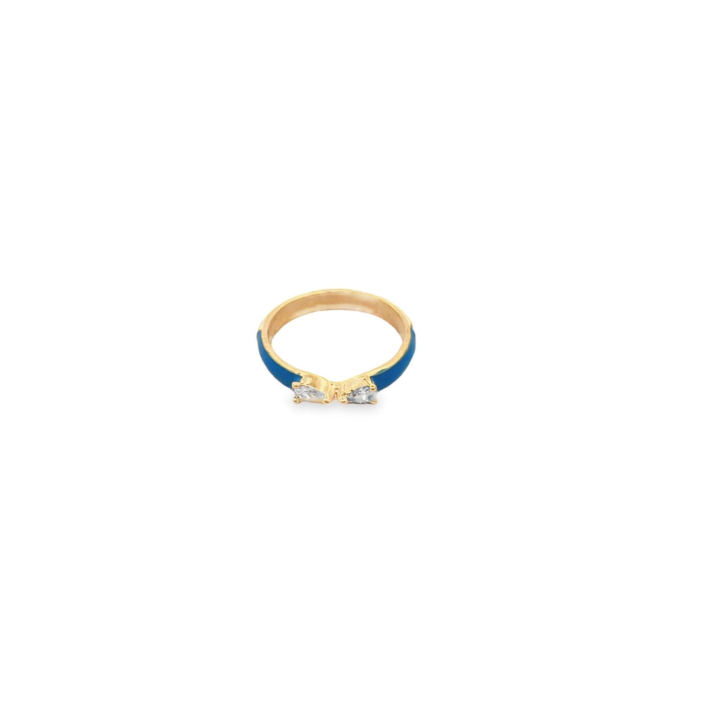 A gold ring features a vibrant blue enamel band and a sparkling bow accent set with clear cubic zirconia stones.
