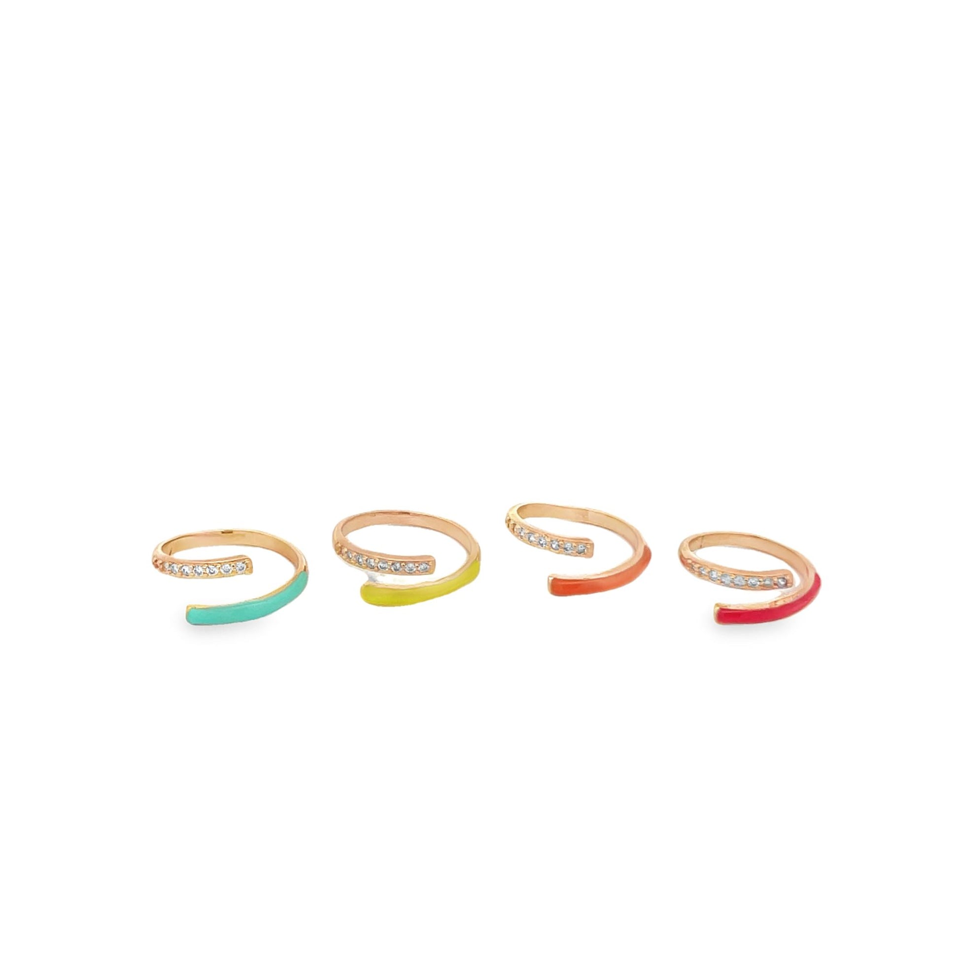 Four colorful enamel and pavé diamond wrap rings display vibrant turquoise, yellow, orange, and red accents against a clean white background.