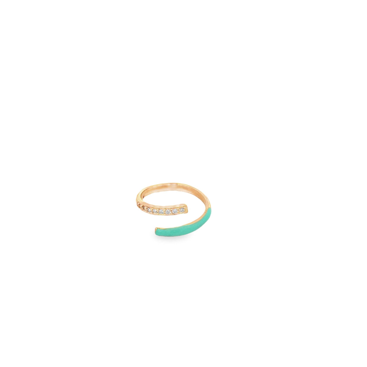 A delicate gold wrap ring features a row of sparkling pavé diamonds and vibrant turquoise enamel on a clean white background.
