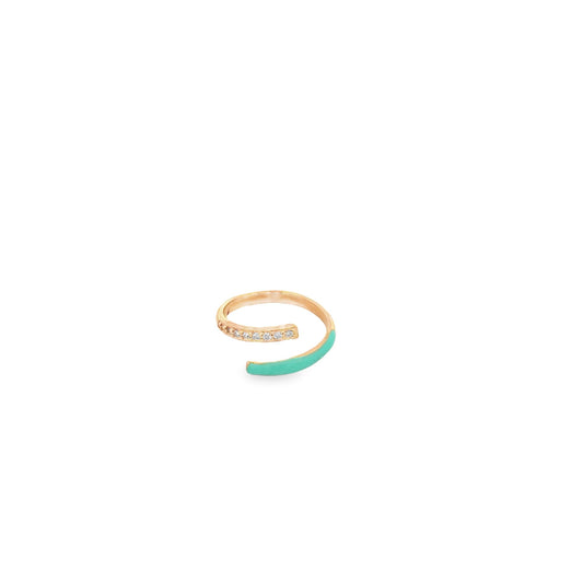 A delicate gold wrap ring features a row of sparkling pavé diamonds and vibrant turquoise enamel on a clean white background.