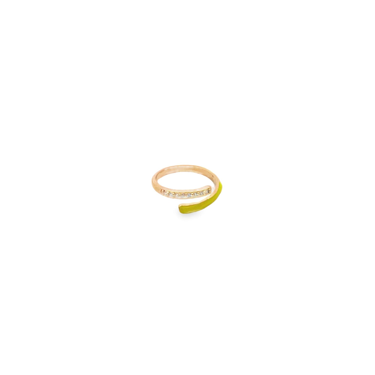 A sleek gold wrap ring sparkles with a row of tiny diamonds, featuring a vibrant neon green enameled tip.