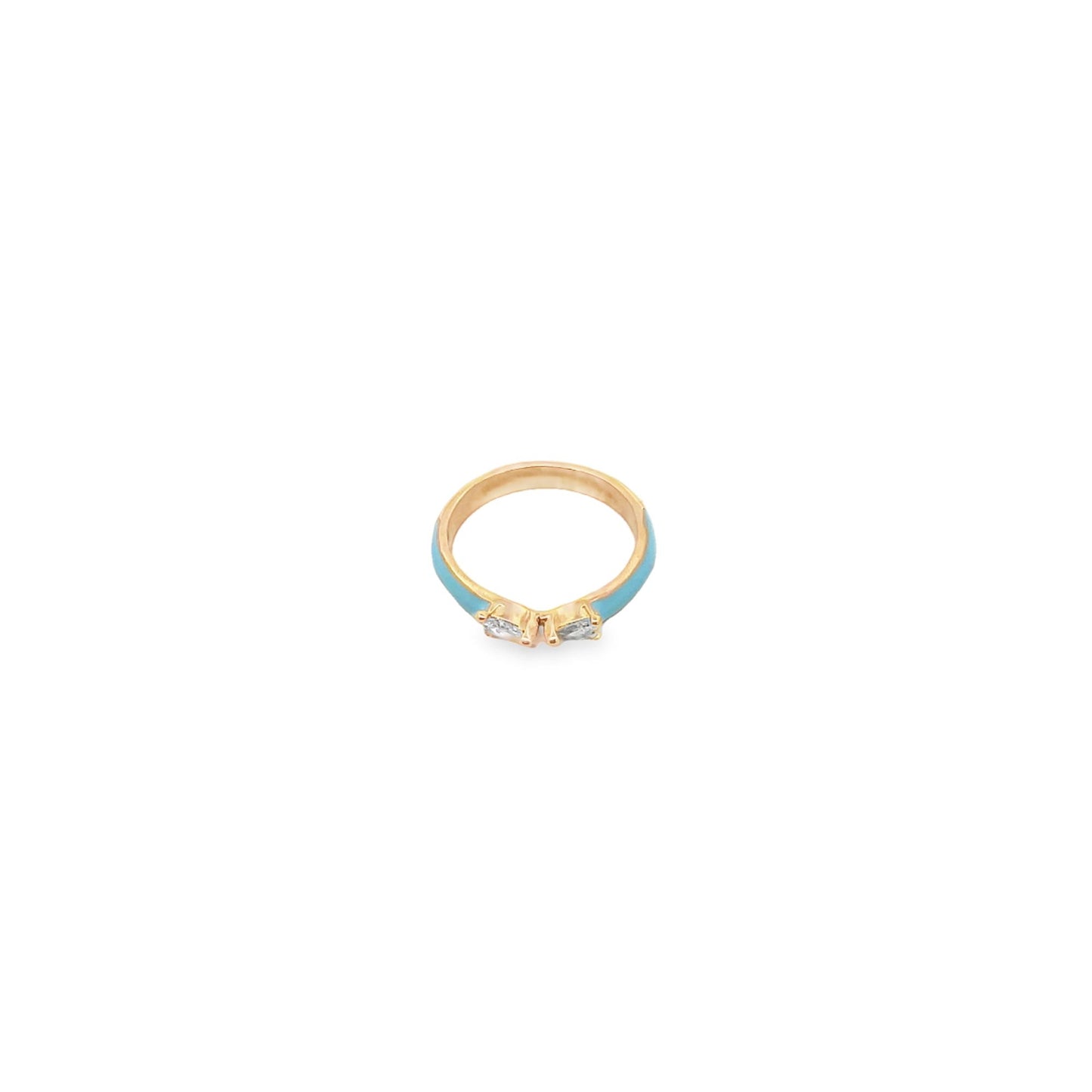 A gold ring features bright blue enamel coating and two sparkling cubic zirconia stones set together at the front.