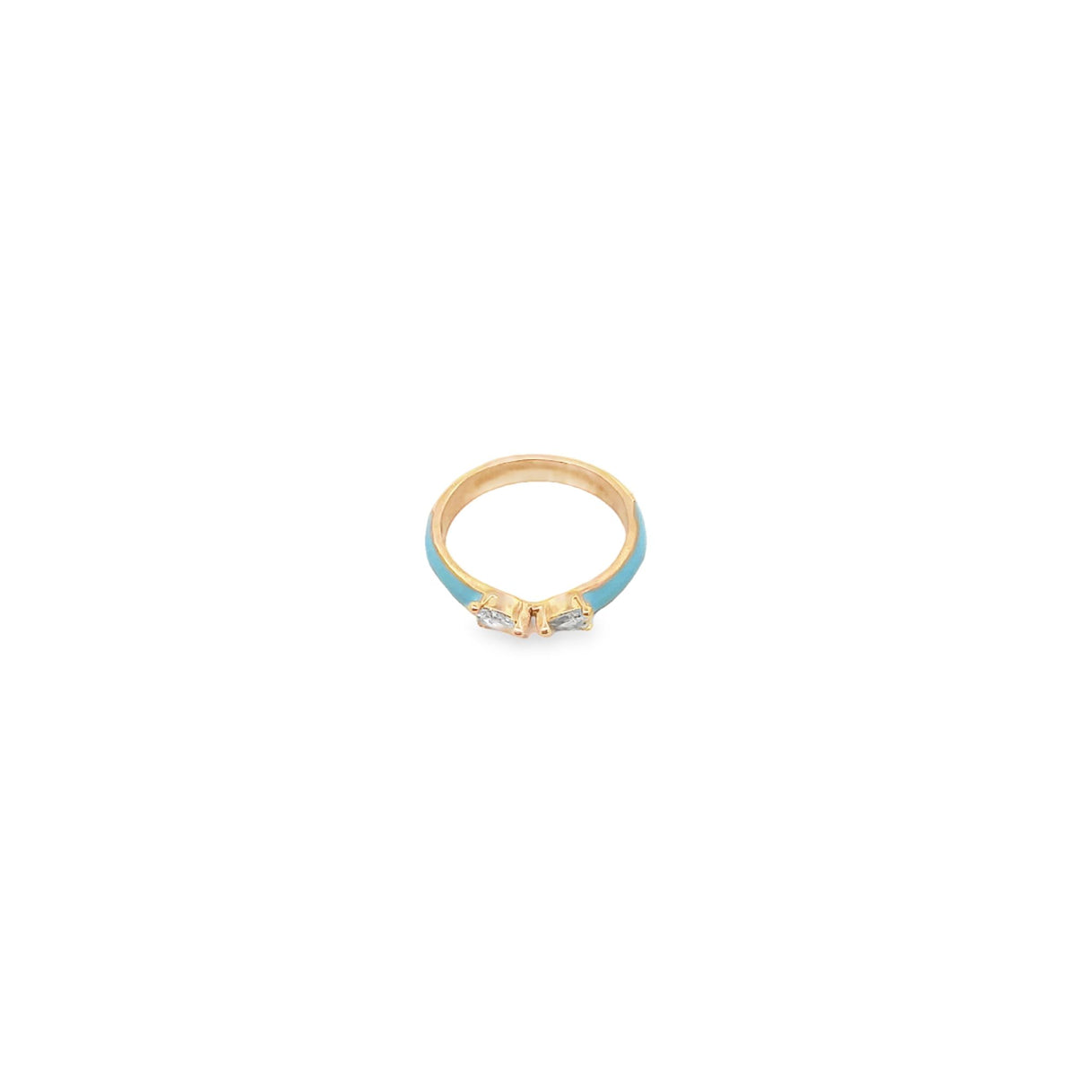 A gold ring features bright blue enamel coating and two sparkling cubic zirconia stones set together at the front.