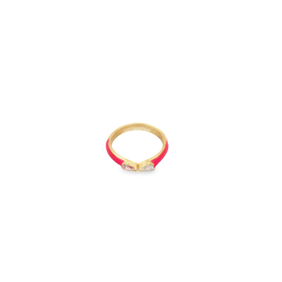 A gold ring features bright pink enamel bands meeting at two sparkling teardrop crystals.