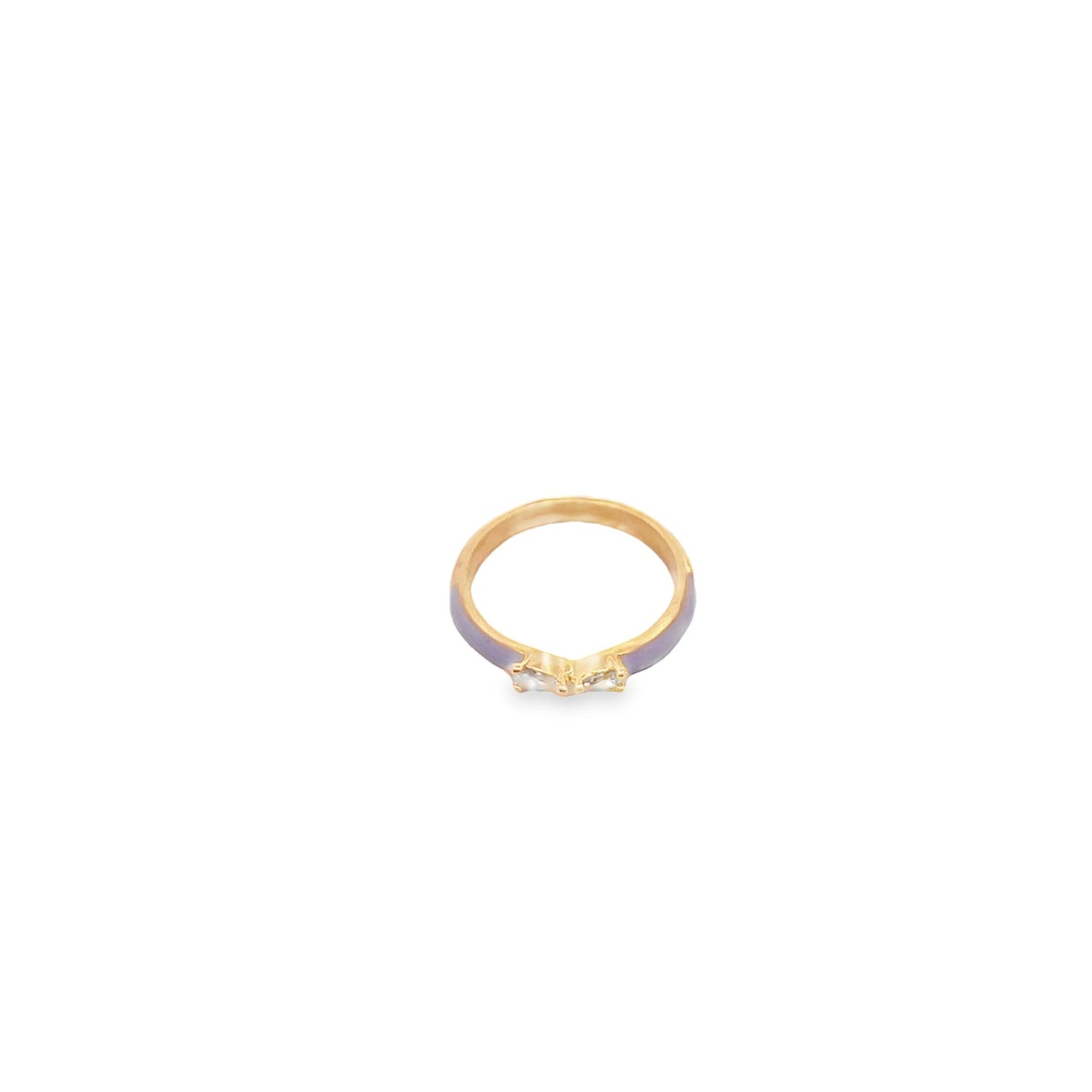 A delicate gold ring features a lavender enamel band and two sparkling crystal stones against a clean white background.