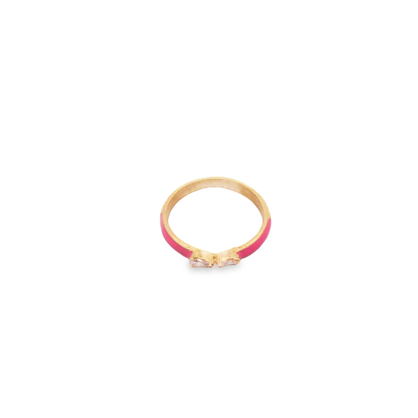 A delicate gold ring features vibrant pink enamel detailing and sparkling stone accents.