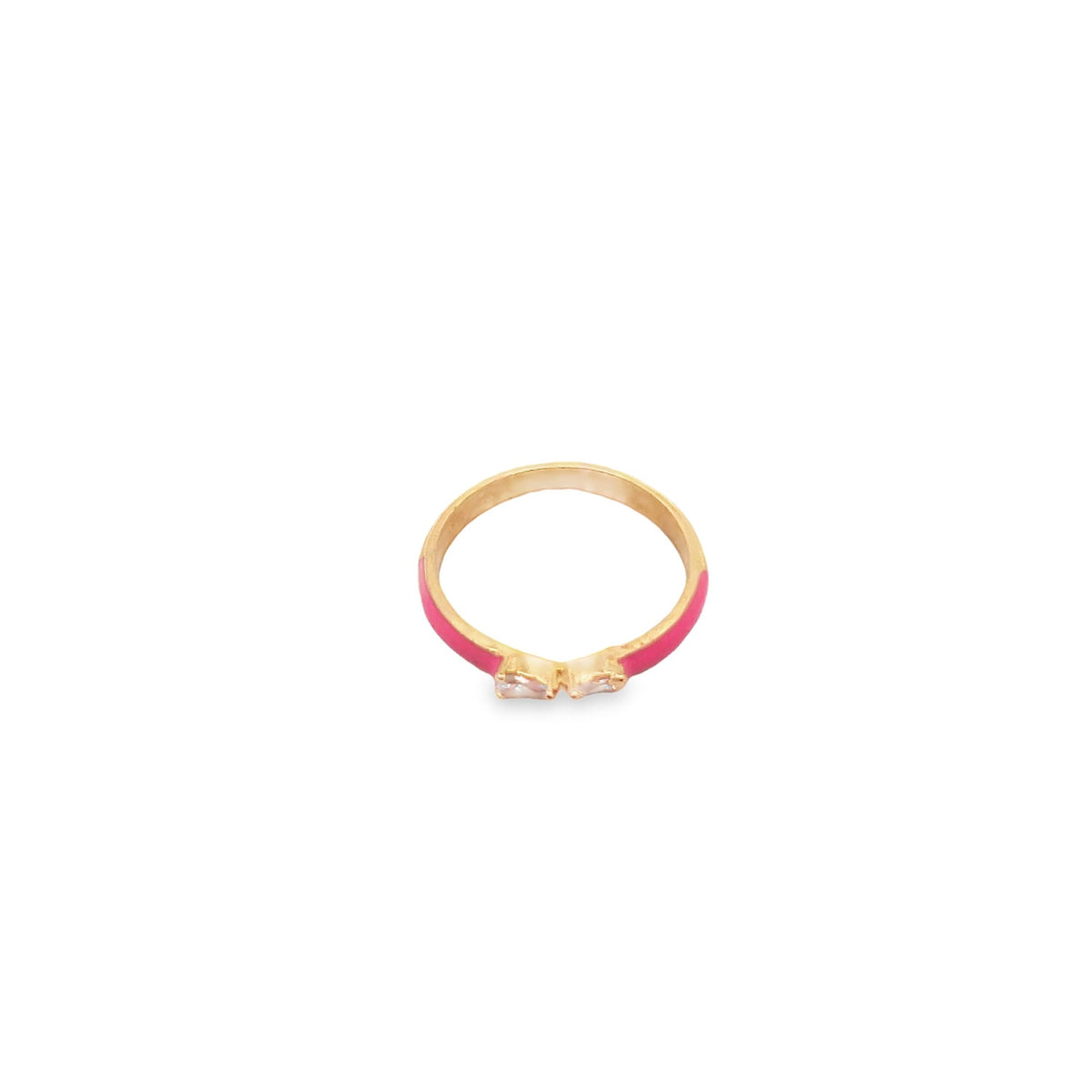 A delicate gold ring features vibrant pink enamel detailing and sparkling stone accents.