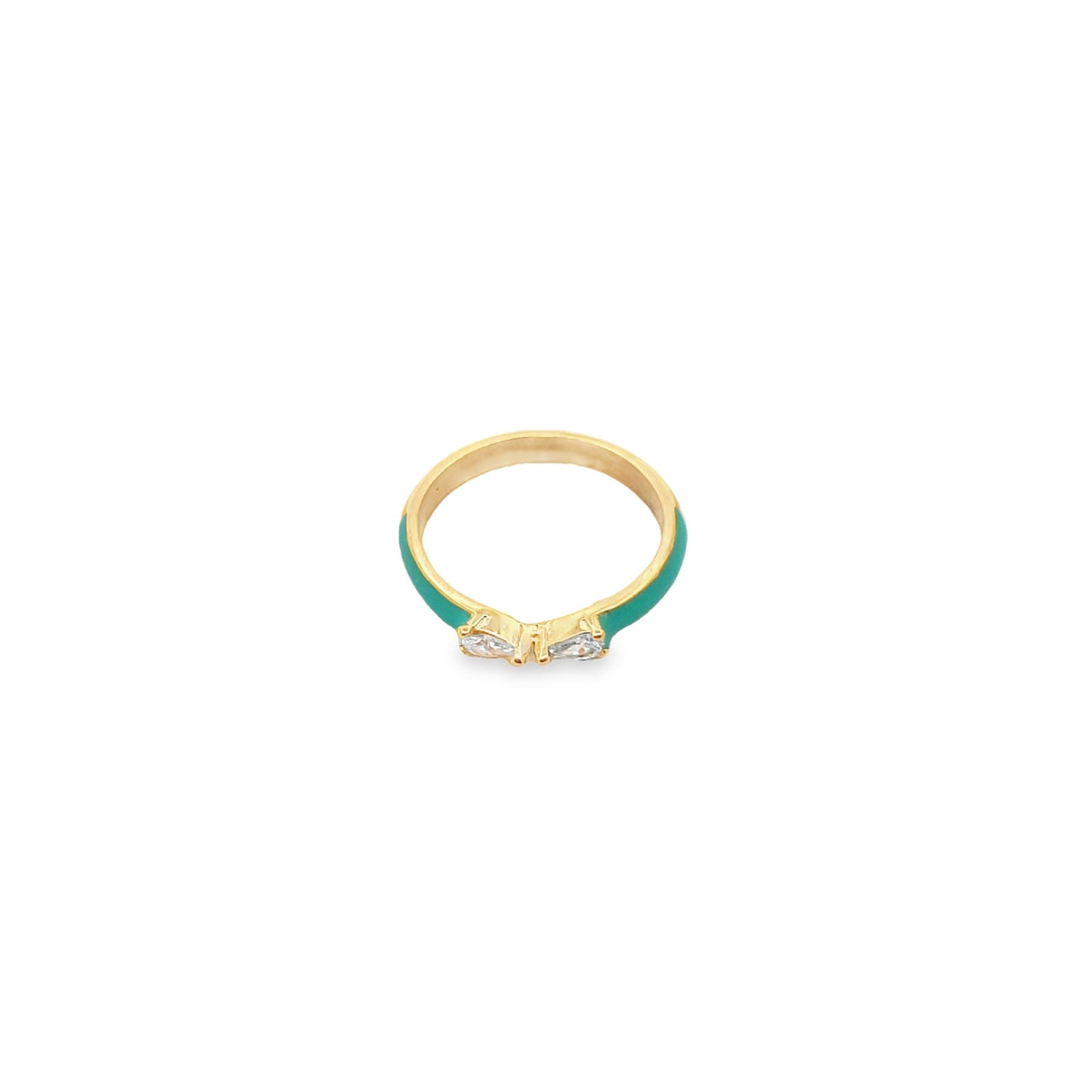 A gold ring with bright turquoise enamel details and sparkling cubic zirconia stones rests against a clean white background.