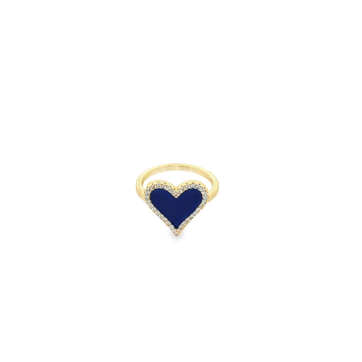 A gold ring features a blue heart centerpiece outlined with sparkling cubic zirconia stones.