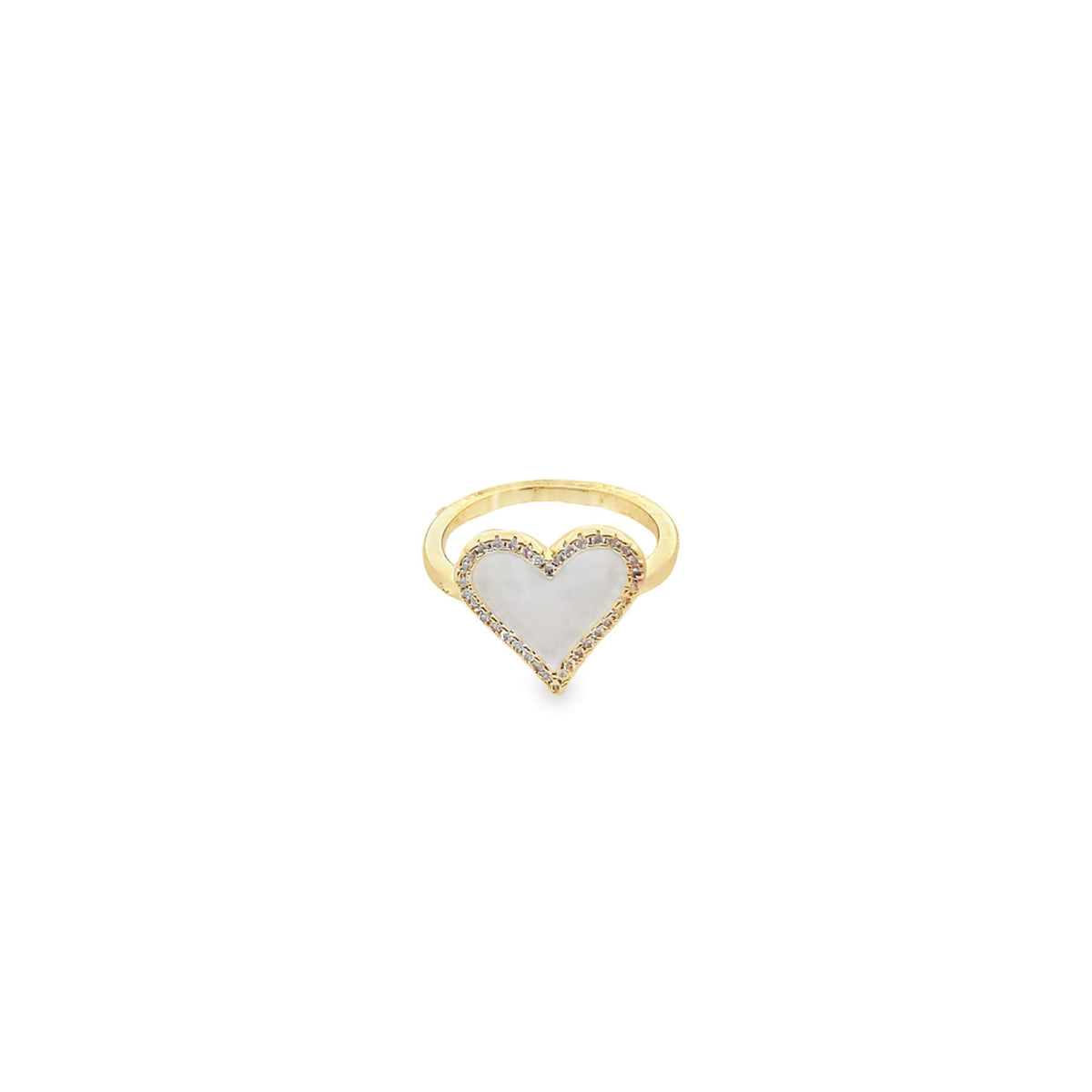 A gold heart ring features a white mother-of-pearl inlay bordered by sparkling rhinestones against a plain white background.