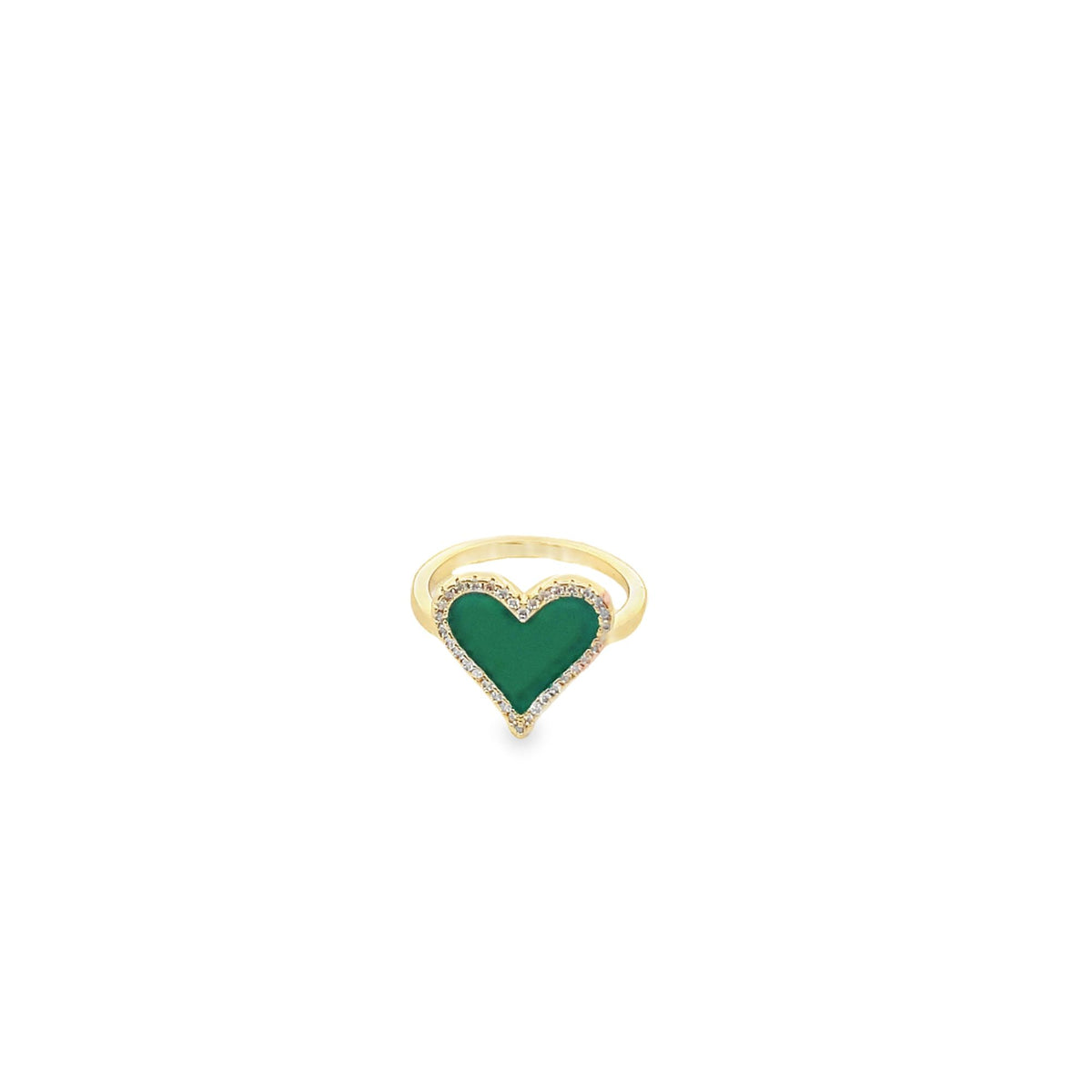 A gold heart-shaped ring features a vibrant green enamel center framed by sparkling pavé diamonds.