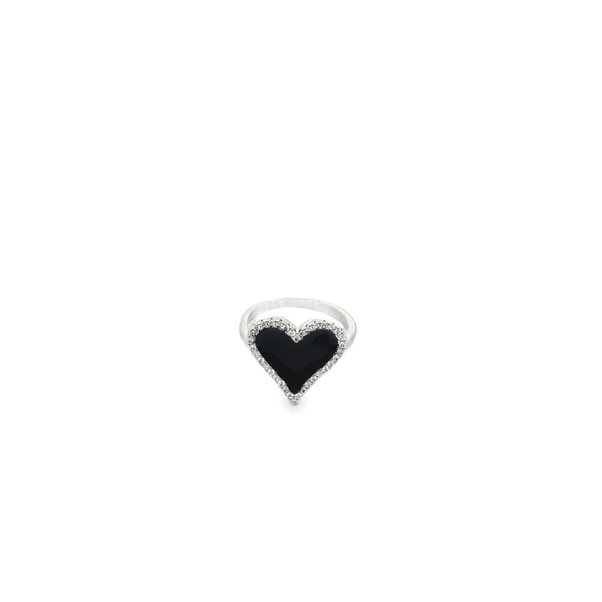 A silver heart-shaped ring features a glossy black enamel center framed by sparkling pavé diamonds against a clean white background.