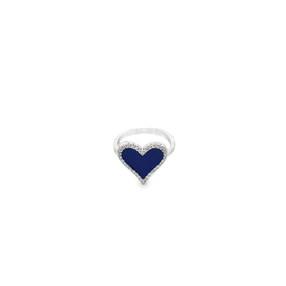 A silver heart ring features a dark blue enamel center outlined with sparkling pave diamonds.