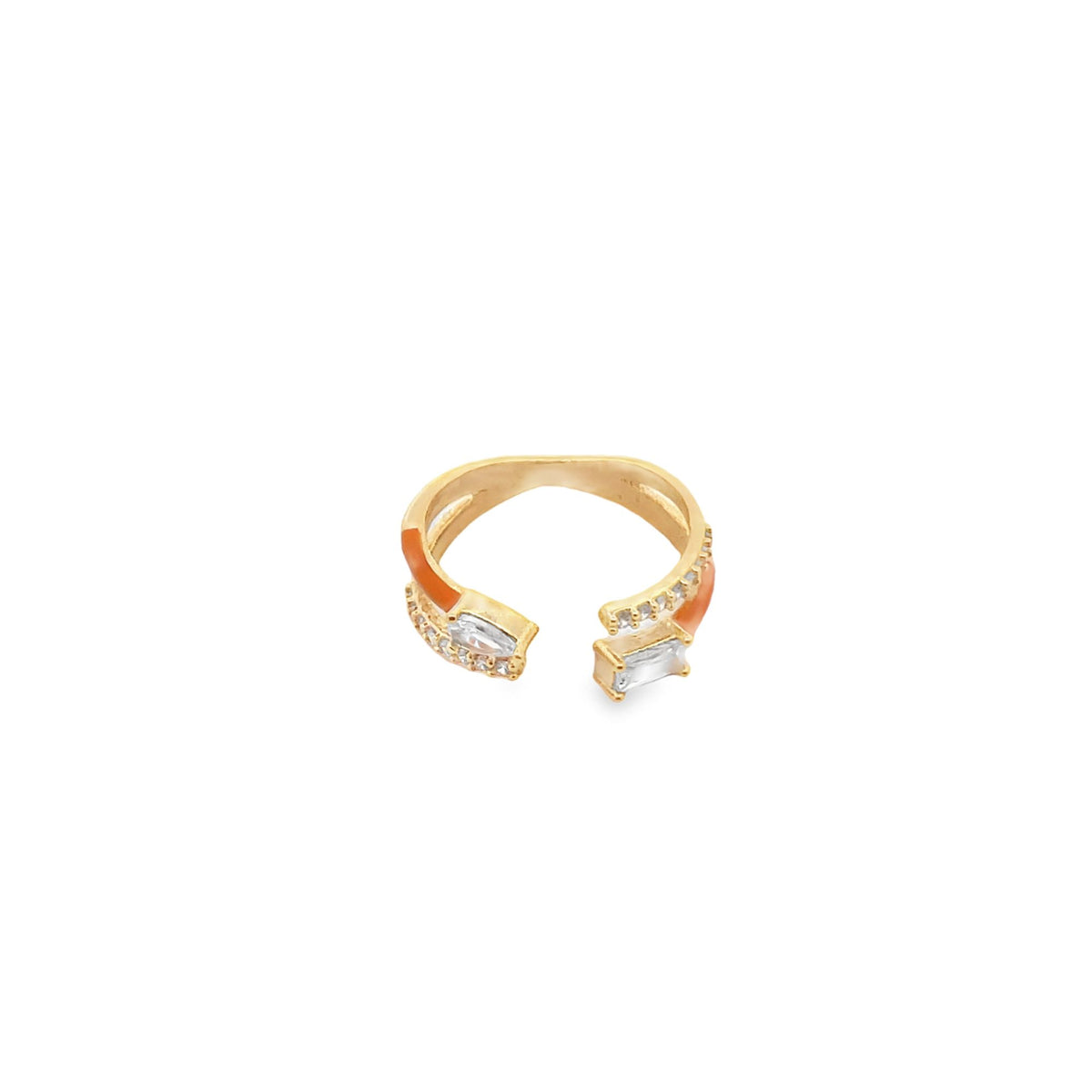 A gold open-band ring features orange enamel accents and sparkling cubic zirconia stones.