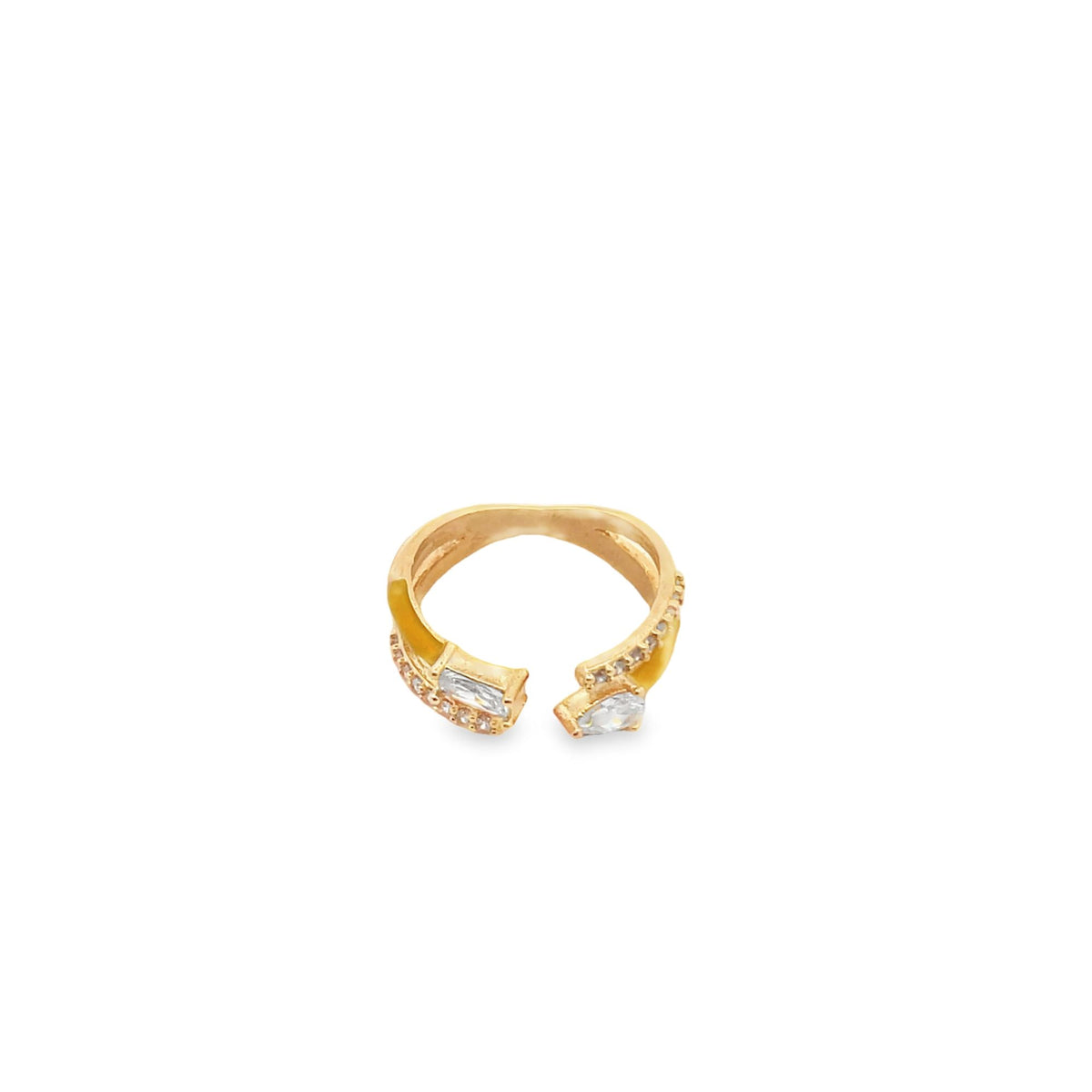 An open-ended gold ring features shimmering cubic zirconia stones and warm yellow enamel accents against a plain white background.