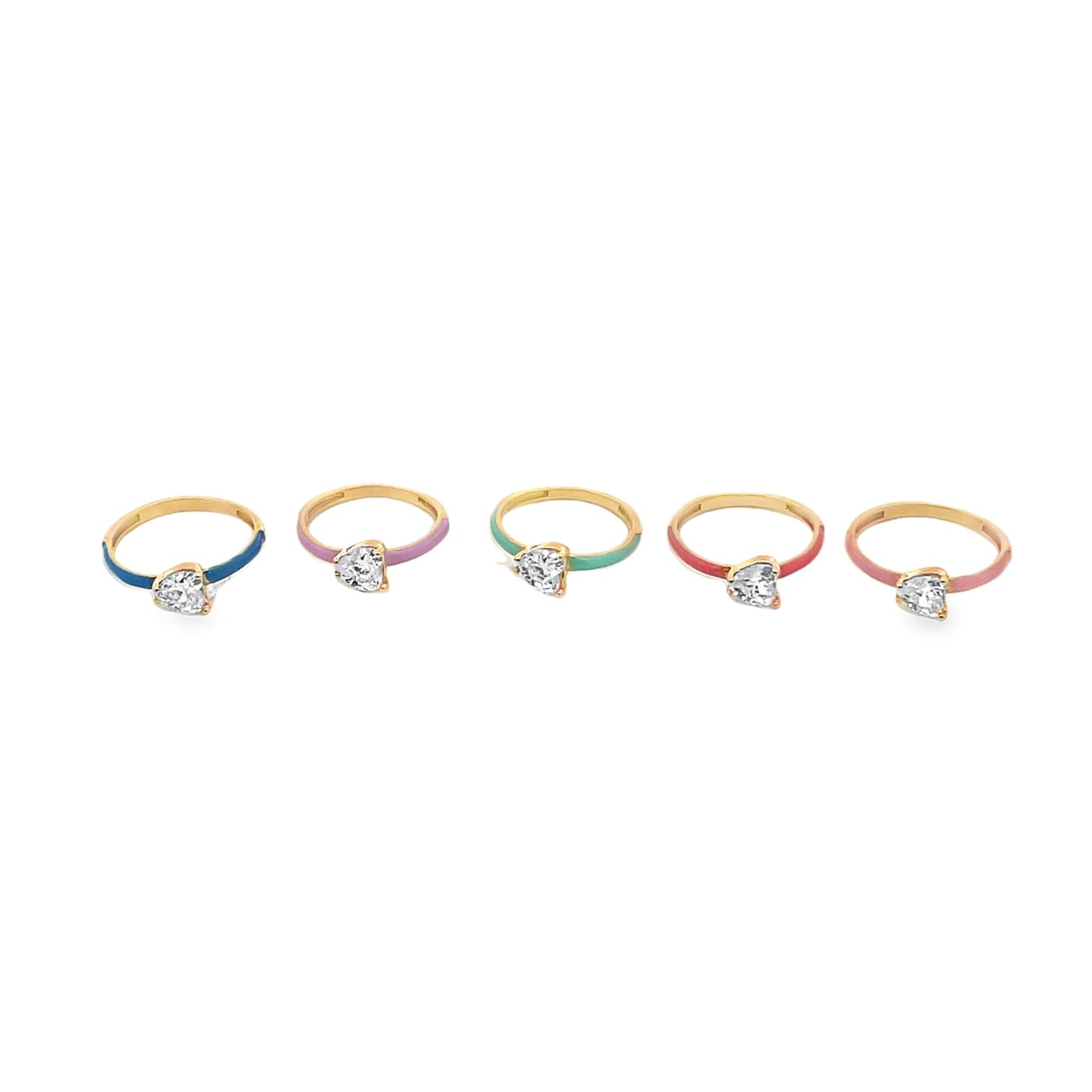 Five gold rings with colorful enamel bands and sparkling heart-shaped diamonds lie in a row.
