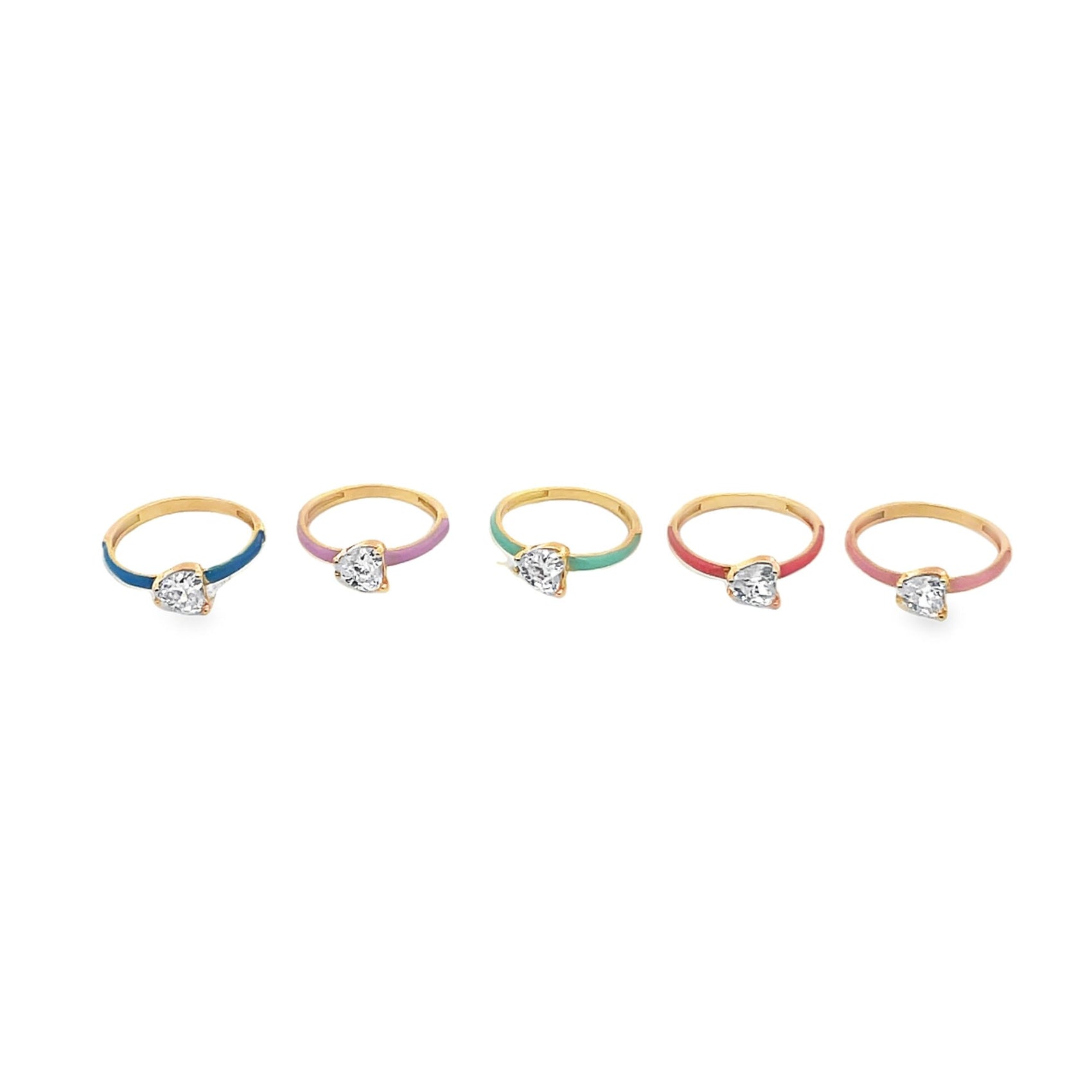 Five gold rings with colorful enamel bands and sparkling heart-shaped diamonds lie in a row.