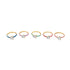 Five gold rings with colorful enamel bands and sparkling heart-shaped diamonds lie in a row.