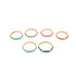Six colorful enamel rings featuring gold bands and sparkling stones sit arranged on a white surface.