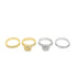 Four sparkling diamond rings, including two gold bands and two silver bands, rest in a row on a clean white surface.