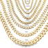 A collection of gold cuban link chains displays varying widths from 3mm to 9mm against a clean white background.