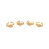 Four gold heart-shaped signet rings with engraved words are arranged in a row on a white background.
