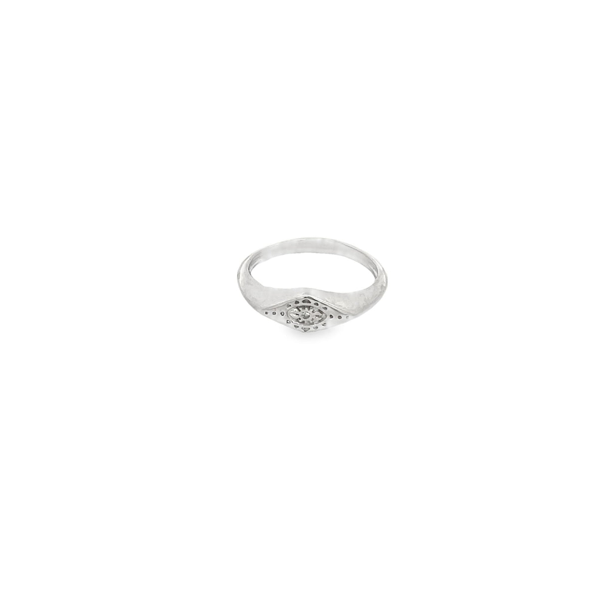 A silver evil eye ring rests on a clean white background, showcasing its engraved protective symbol and central gemstone.
