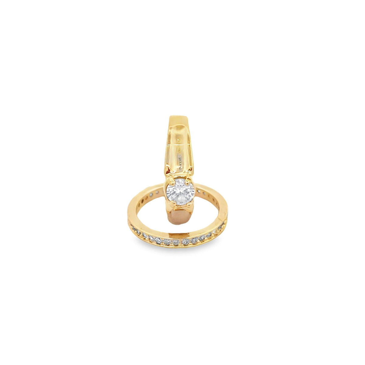 A gold pendant features a central diamond solitaire set within a diamond-encrusted circular frame against a white background.