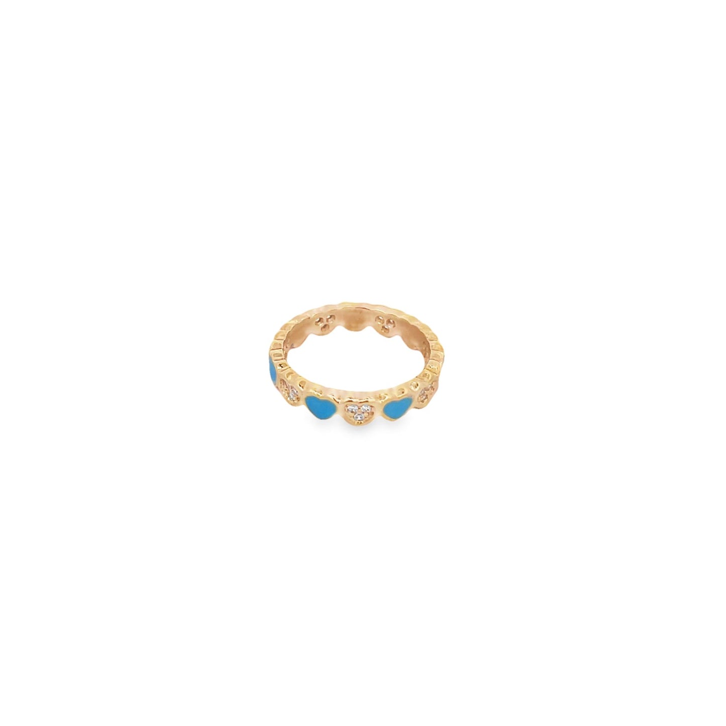 A delicate gold ring features alternating turquoise enamel and sparkling diamond-studded heart accents against a clean white background.