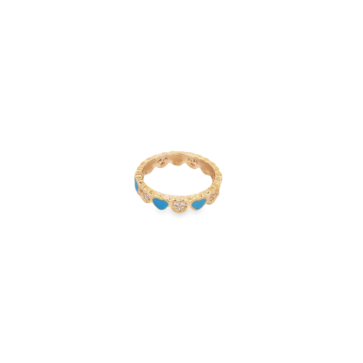 A delicate gold ring features alternating turquoise enamel and sparkling diamond-studded heart accents against a clean white background.