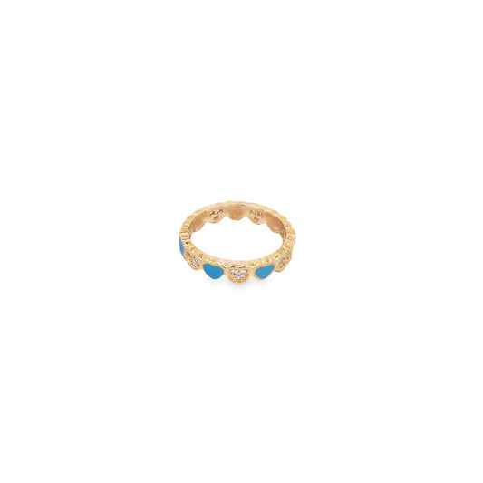 A delicate gold ring features alternating turquoise enamel and sparkling diamond-studded heart accents against a clean white background.