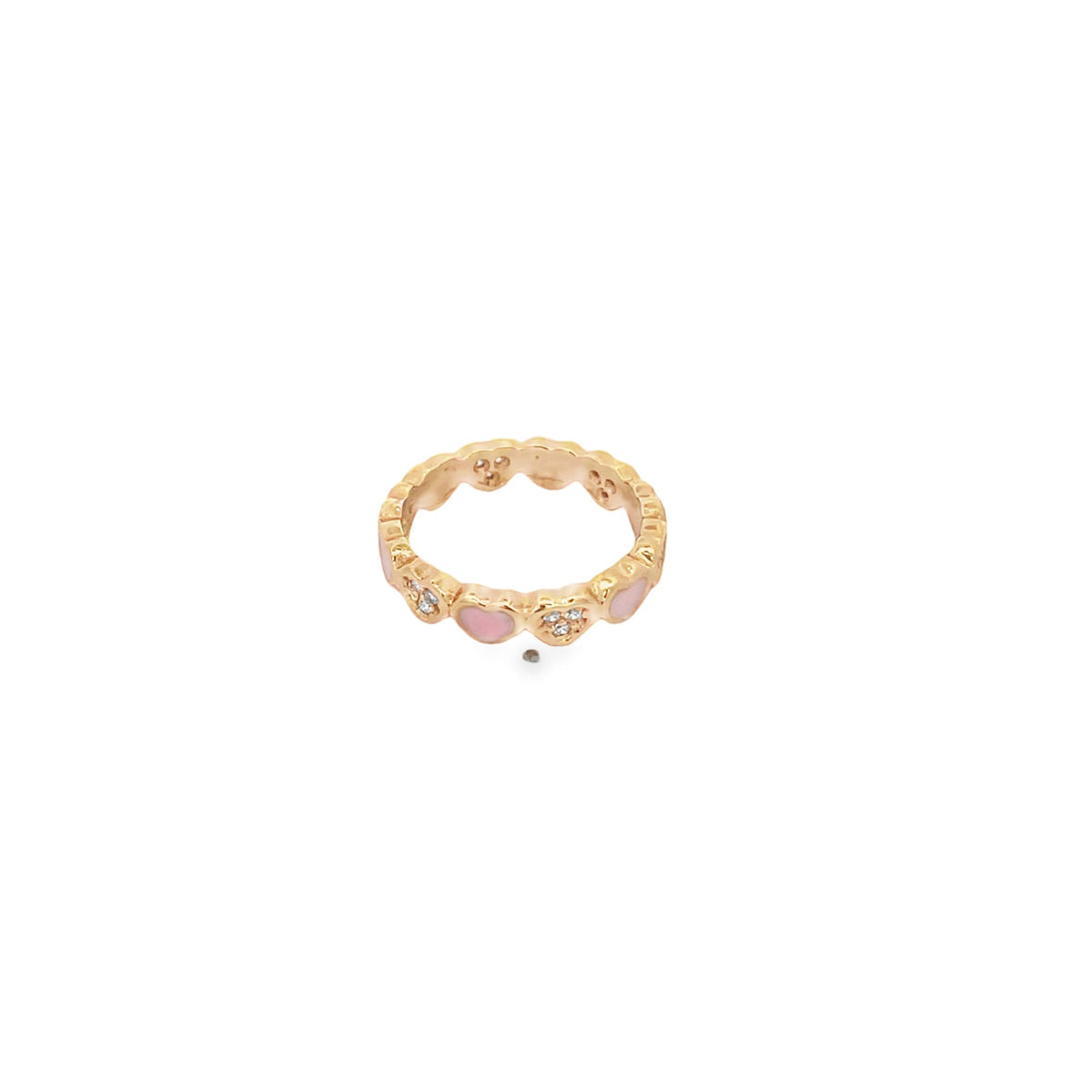 A gold ring features alternating pink enamel hearts and sparkling diamond clusters.