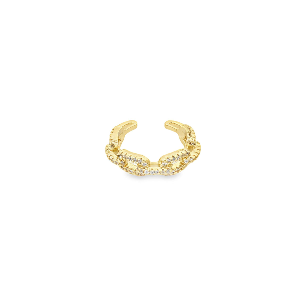 A sparkling gold ear cuff features a delicate, pavé-set diamond link chain design against a clean white background.