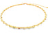 A delicate gold bamboo choker necklace sparkles against a clean white background, showcasing interspersed colorful gemstones.