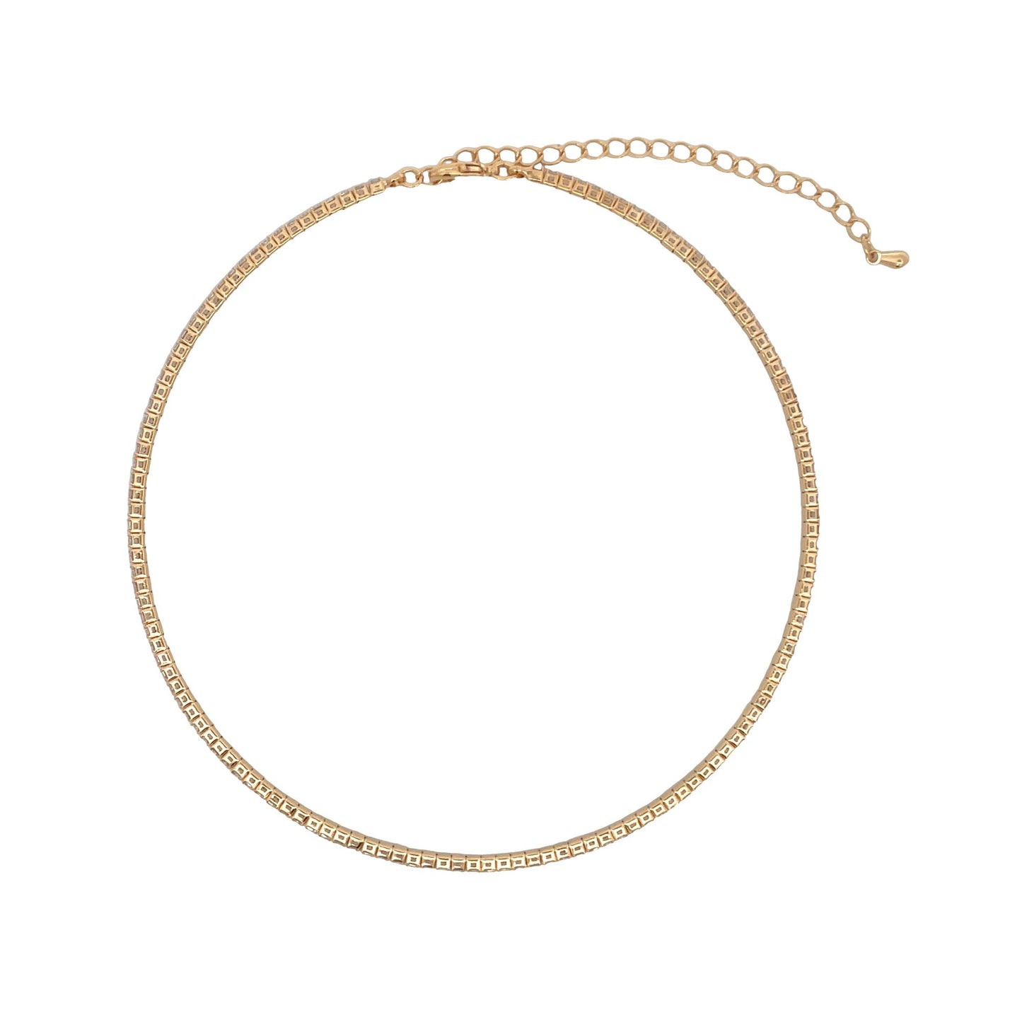 A gold tennis choker necklace features a continuous line of sparkling square crystals and an adjustable extension chain on a plain white background.