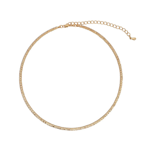 A gold tennis choker necklace features a continuous line of sparkling square crystals and an adjustable extension chain on a plain white background.