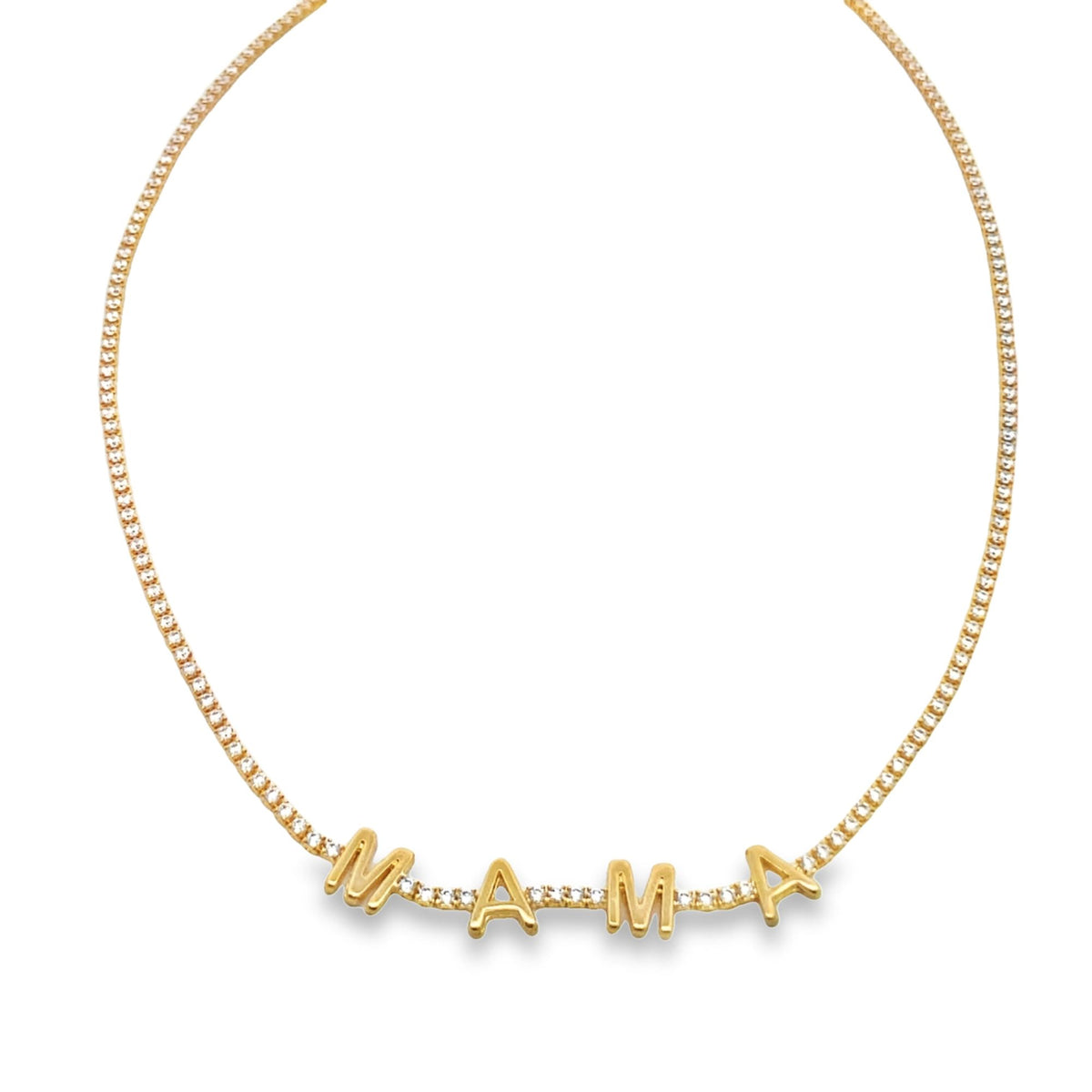 A gold tennis necklace featuring sparkling diamond accents spells out the word "MAMA" with letter pendants.