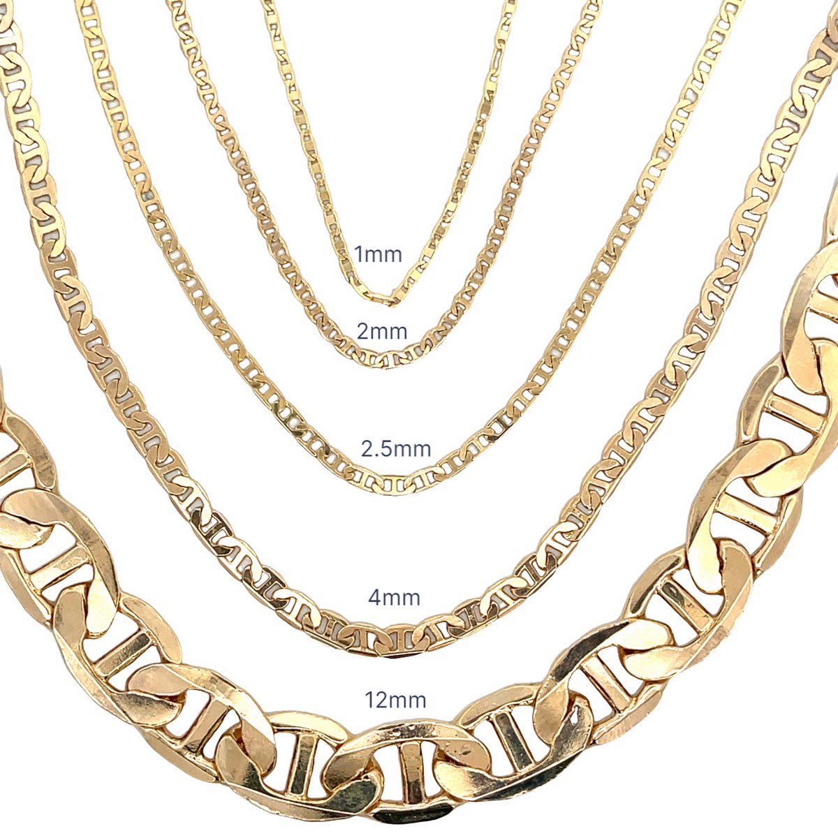Five gold Mariner link chains display varying width sizes from 1mm to 12mm against a white background.