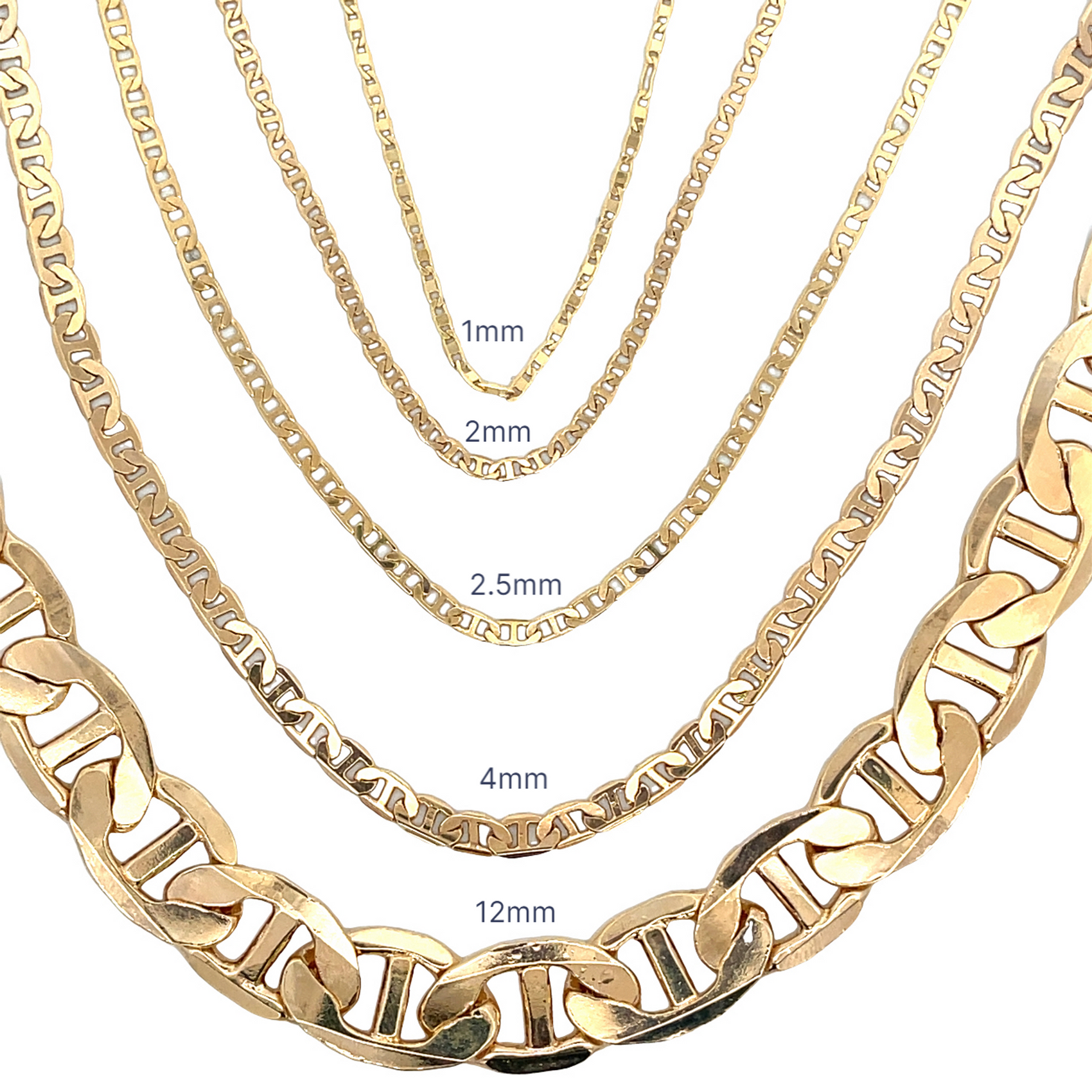 Five gold Mariner link chains display varying width sizes from 1mm to 12mm against a white background.