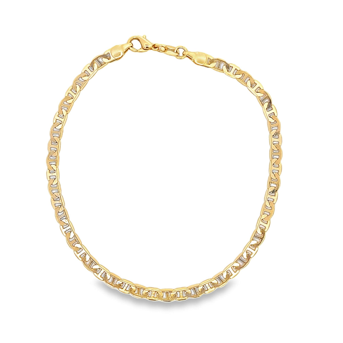 A polished yellow gold mariner link chain necklace rests in a neat loop on a white background.