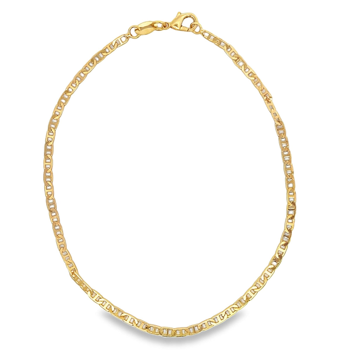 A polished gold Mariner chain necklace curves into an elegant circle against a clean white background.