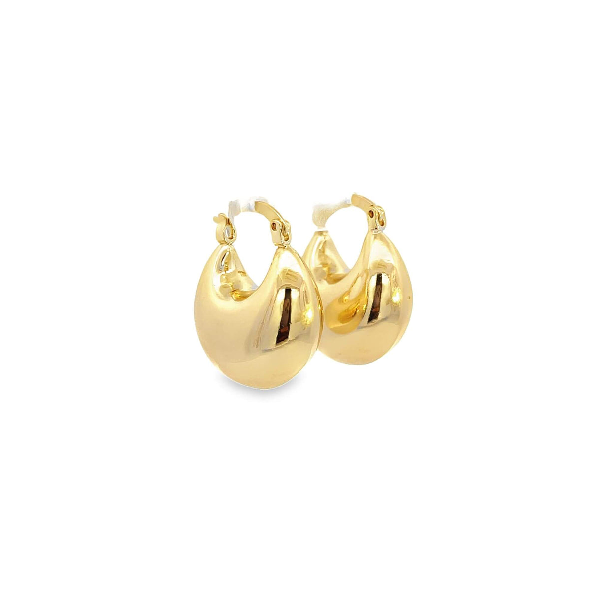 A pair of polished gold teardrop hoop earrings gleams against a white background.