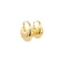 A pair of polished gold teardrop hoop earrings gleams against a white background.