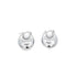 A pair of polished silver dome hoop earrings rests on a clean white surface.