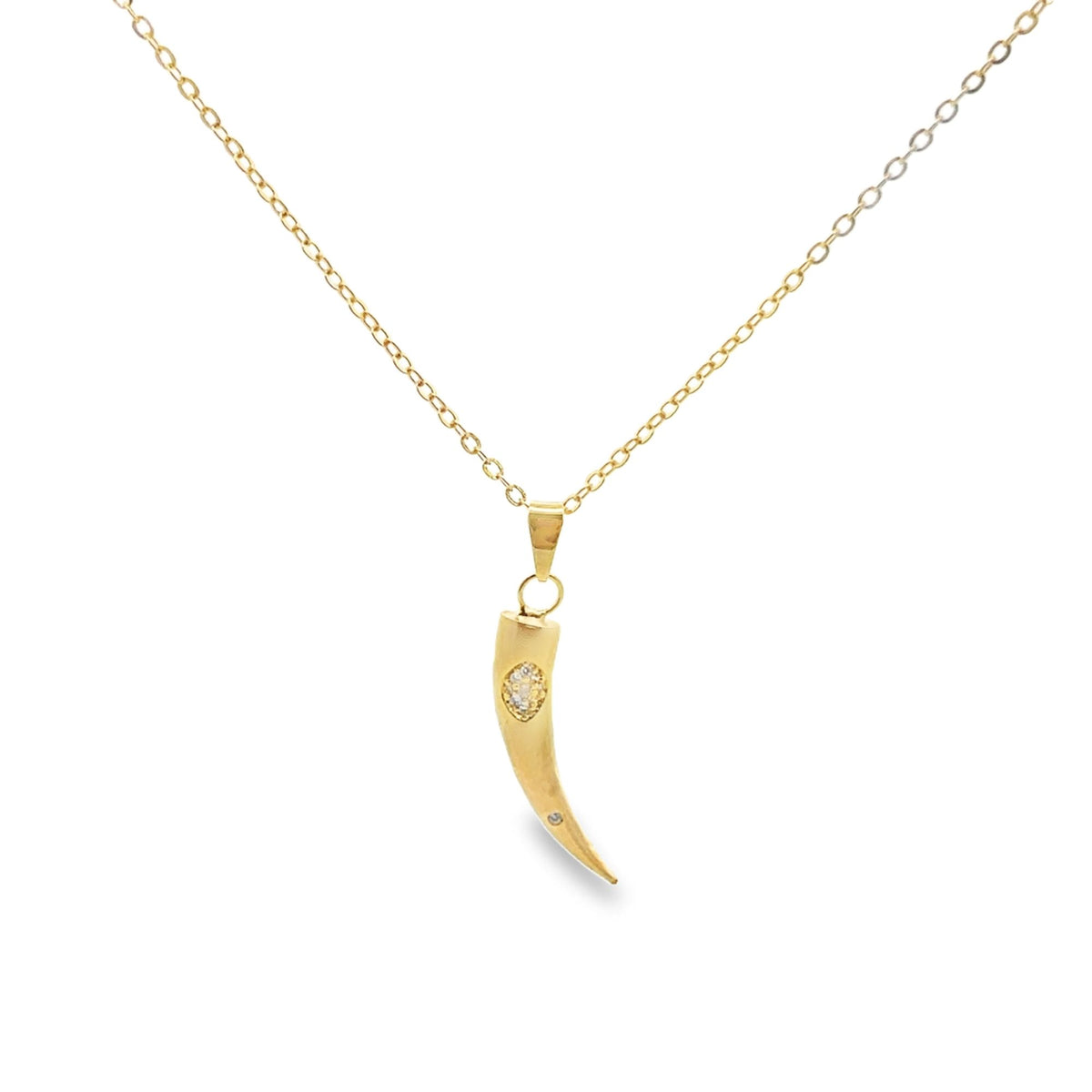 A delicate gold chain holds a gleaming horn-shaped pendant accented with sparkling diamonds.