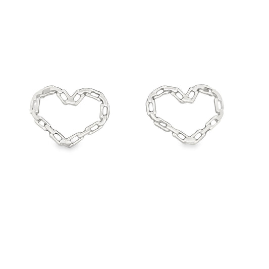 A pair of silver chain-link heart stud earrings rests against a clean white background.