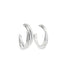 A pair of polished silver triple-band hoop earrings rests against a clean white background.