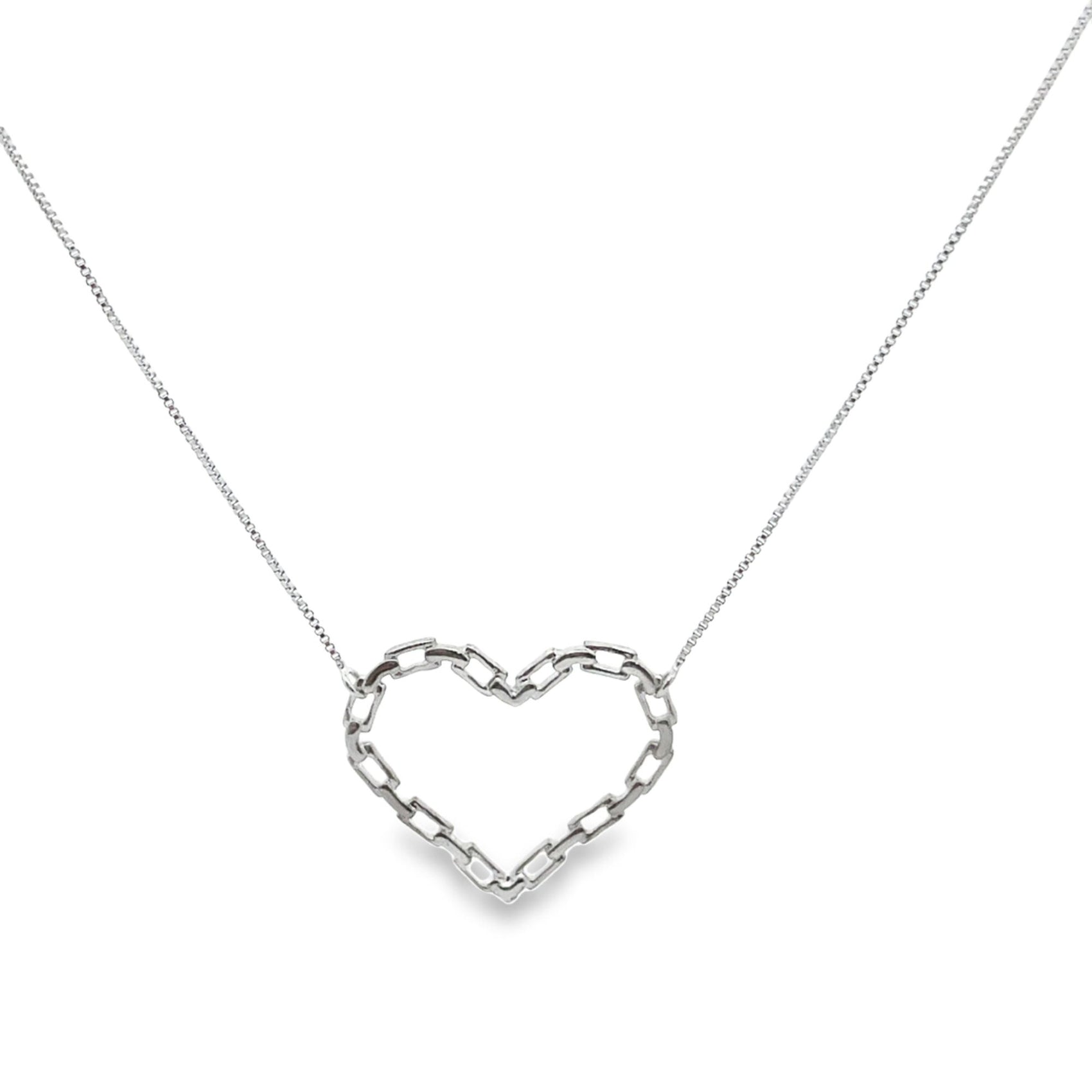 A delicate silver chain necklace features an open heart pendant crafted from interlocking links against a clean white background.