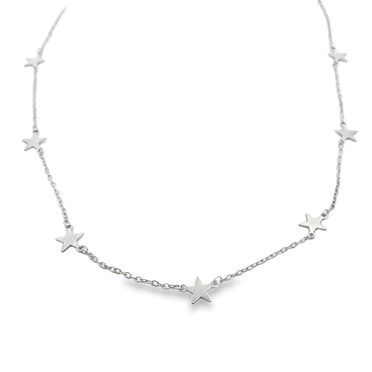 A delicate silver star-charm choker necklace hangs against a plain white background.